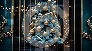 Christmas decoration details on English styled luxury high street city store door or shopping window display, holiday