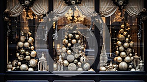 Christmas decoration details on English styled luxury high street city store door or shopping window display, holiday