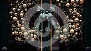 Christmas decoration details on English styled luxury high street city store door or shopping window display, holiday