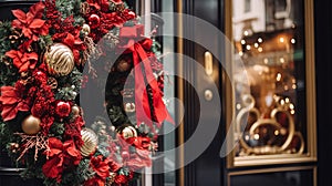 Christmas decoration details on English styled luxury high street city store door or shopping window display, holiday