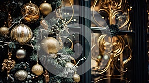 Christmas decoration details on English styled luxury high street city store door or shopping window display, holiday