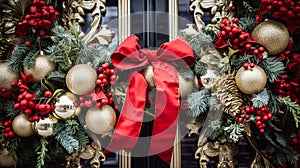 Christmas decoration details on English styled luxury high street city store door or shopping window display, holiday