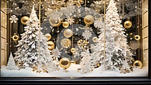 Christmas decoration details on English styled luxury high street city store door or shopping window display, holiday