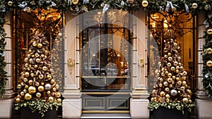 Christmas decoration details on English styled luxury high street city store door or shopping window display, holiday