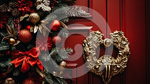 Christmas decoration details on English styled luxury high street city store door or shopping window display, holiday