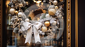 Christmas decoration details on English styled luxury high street city store door or shopping window display, holiday photo