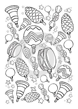 Christmas decoration, different christmas tree toys. Hand draw sketch, black and white illustration, pattern