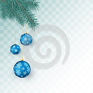 Christmas decoration elements isolated on transparent background. Fir twigs and blue Christmas balls with snowflakes ornament.