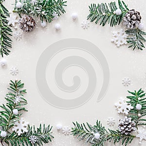 Christmas decoration with fir branch and cones on a snowy background