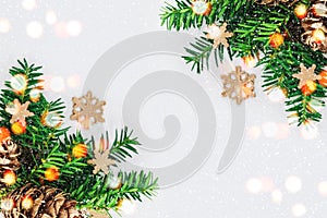 Christmas decoration with fir branch and cones on a snowy background