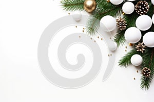 Christmas decoration with fir branches and baubles on a white background with copy space. AI generated