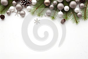 Christmas decoration with fir branches and baubles on a white background with copy space. AI generated