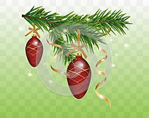 Christmas decoration with fir branches, red baubles cones and golden ribbons isolated on transparent background. New year elements