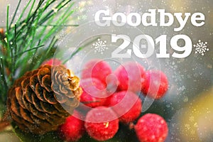 Christmas decoration, fir cone and branch, text goodbye 2019