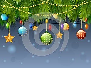 Christmas decoration with fir tree branch, color balls, golden star, with light bulbs