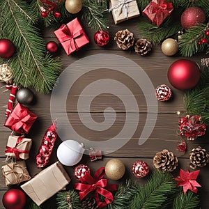 christmas decoration. fir tree with cones, gift boxes and christmas toys on a white wooden background, top view with copy space fo