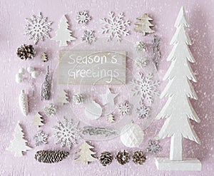 Christmas Decoration, Flat Lay, Text Seasons Greetings, Snowflakes