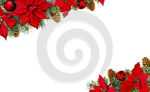 Christmas decoration. Frame of flower of red poinsettia, branch christmas tree, christmas ball and cone spruce on a white