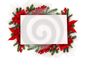 Christmas decoration. Frame of flowers of red poinsettia, branch christmas tree, red berries with white paper card note
