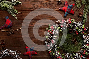 Christmas decoration frame on wooden background