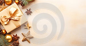 Christmas decoration - gift, balls, stars, spruce twigs, pine cones, star anise and background with golden dust for your text