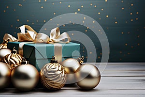 Christmas decoration with gift box and golden baubles on wooden table