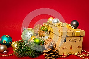 Christmas decoration gift box with red background