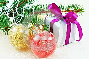 Christmas decoration with gift box and spruce