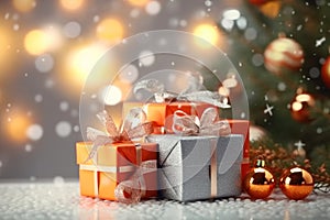 Christmas decoration. Gift boxes and Christmas balls on table and ornaments over abstract bokeh background with copy space.