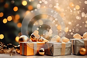 Christmas decoration. Gift boxes and Christmas balls on table and ornaments over abstract bokeh background with copy space.