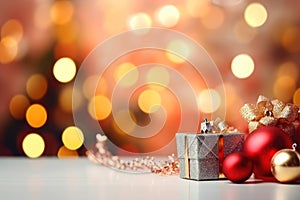 Christmas decoration. Gift boxes and Christmas balls on table and ornaments over abstract bokeh background with copy space.