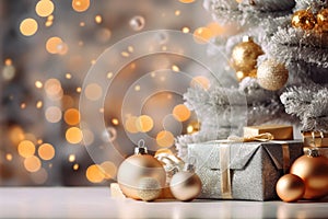 Christmas decoration. Gift boxes and Christmas balls on table and ornaments over abstract bokeh background with copy space.