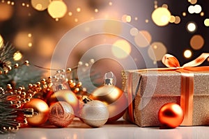 Christmas decoration. Gift boxes and Christmas balls on table and ornaments over abstract bokeh background with copy space.