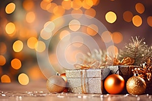 Christmas decoration. Gift boxes and Christmas balls on table and ornaments over abstract bokeh background with copy space.