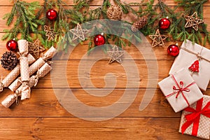 Christmas decoration, gift boxes and garland frame background