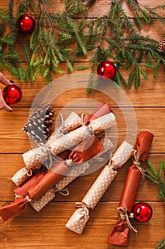 Christmas decoration, gift boxes and garland frame background