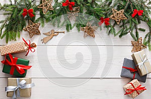 Christmas decoration, gift boxes and garland frame background