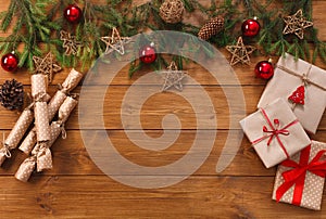 Christmas decoration, gift boxes and garland frame background