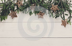 Christmas decoration, gift boxes and garland frame background