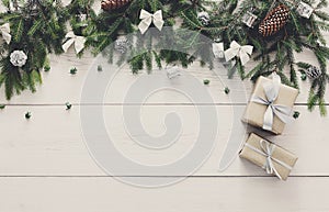 Christmas decoration, gift boxes and garland frame background