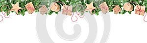 Christmas decoration gift boxes Pine branches border banner