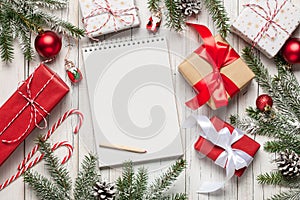 Christmas decoration and gift boxes on wooden background