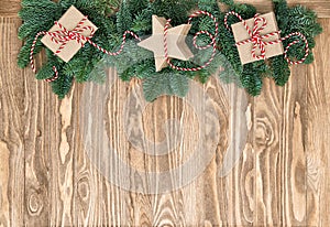 Christmas decoration gift boxes wooden background
