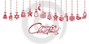 Christmas decoration. Gingerbread cookies hanging on red ribbons. Merry Christmas handwritten text on white background