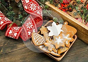 Christmas decoration and gingerbread cookies. retro style