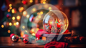 Christmas decoration with glass ball and Christmas tree on wooden background. Selective focus