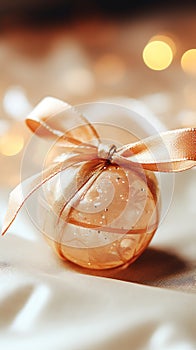 Christmas decoration with golden bow on bokeh background, closeup