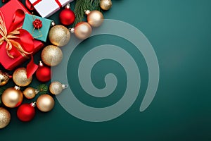 Christmas decoration on green background. Top view with copy space. Flat lay