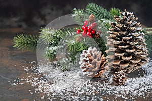 Christmas Decoration greeting card- Snowy Pine Cones On Fir Branch With Christmas Lights