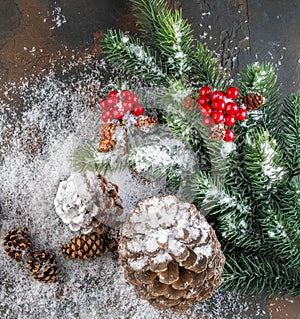 Christmas Decoration greeting card- Snowy Pine Cones On Fir Branch With Christmas Lights